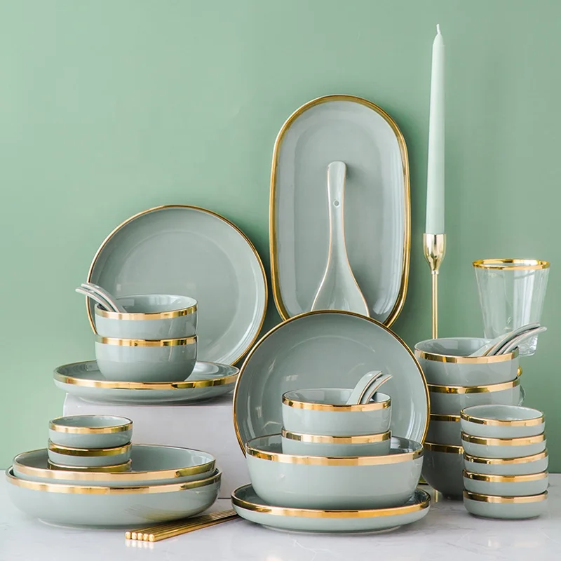 

Green Light Luxury Style Ceramic Bowl Plate Dish Spoon Chopsticks Phnom Penh Tableware Set Household