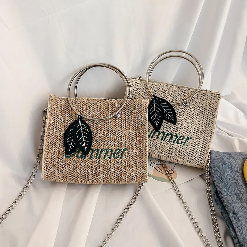 

embroider logo large capacity summer tote straw beach bag for women