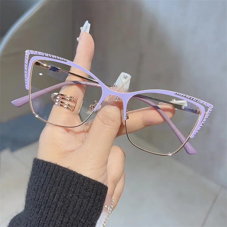 

2023 Custom Logo Fashion Purple Gold Black Eyewear Metallic Cat Eye Anti Blue Light Blocking Glasses Optical Frames Eyeglasses