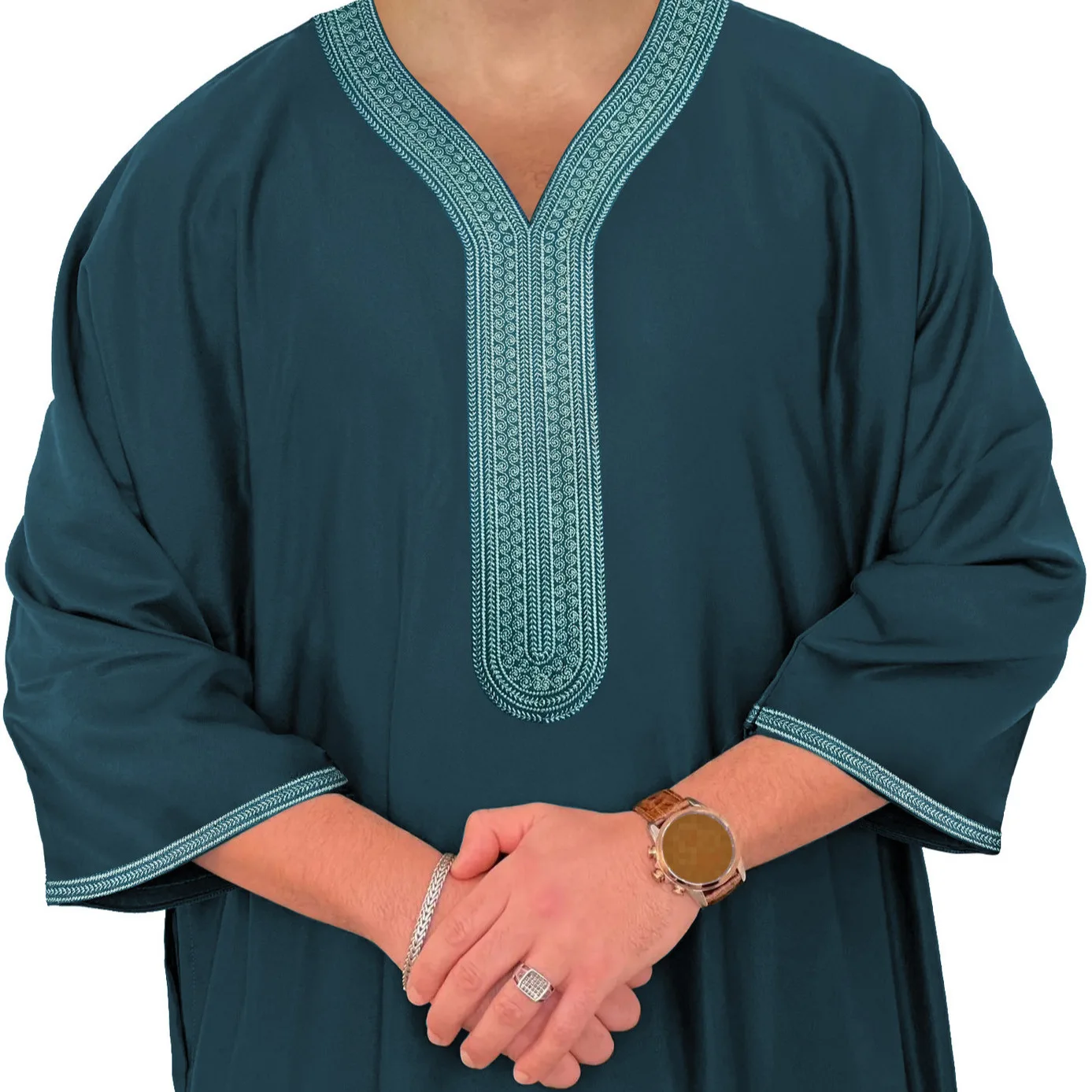 Moroccan Embroidered Mid Sleeve Robe Pockets