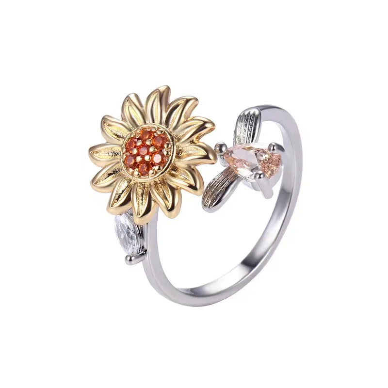 

Hot Sale Trendy Sunflower Spinner Ring Open Adjustable Fidget Rings Fidget Anxiety Ring for Women, Silver