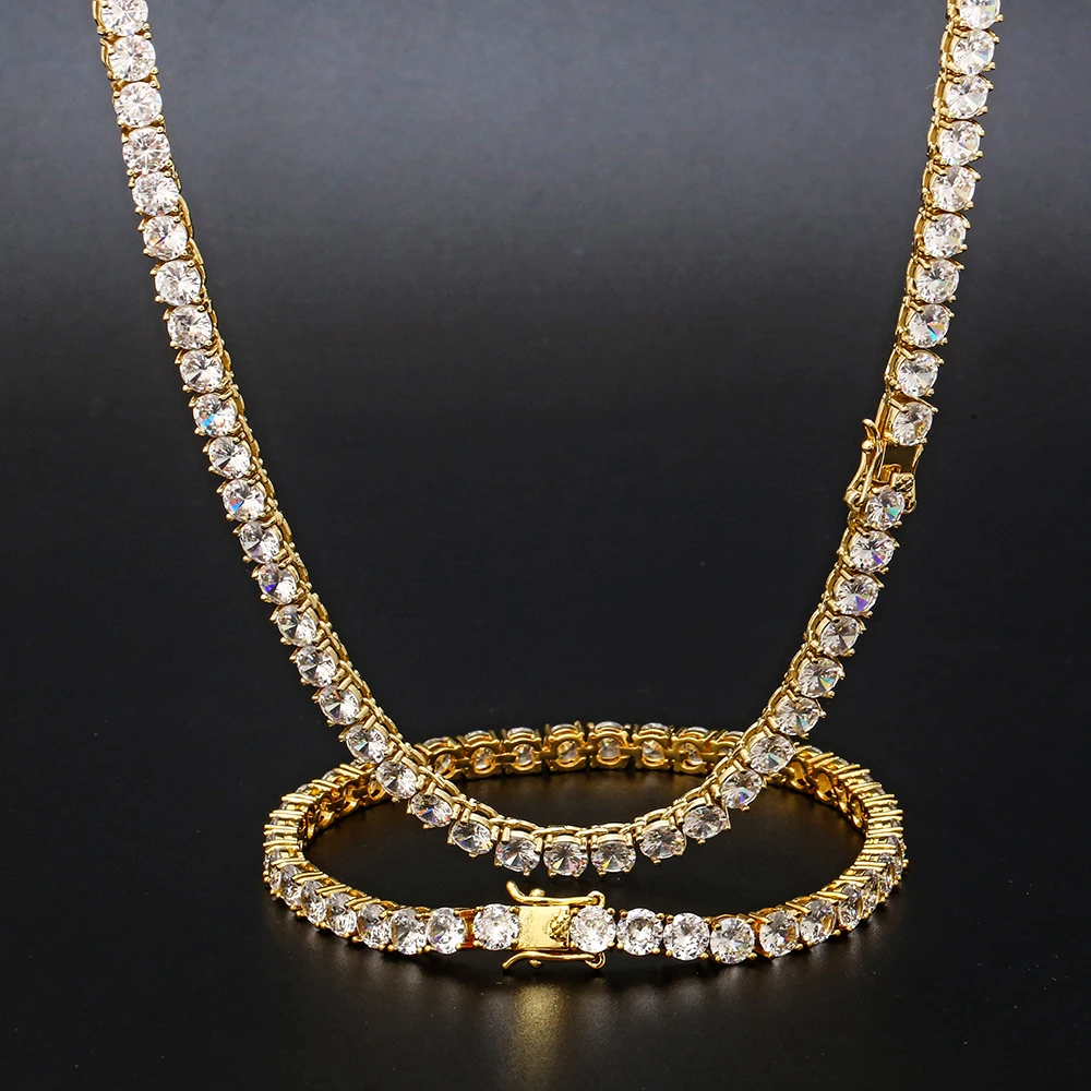 

3mm 4mm 5mm Hip Hop 18K Gold Iced Diamond necklace Bling CZ Tennis Chain Necklace, Silver/gold color