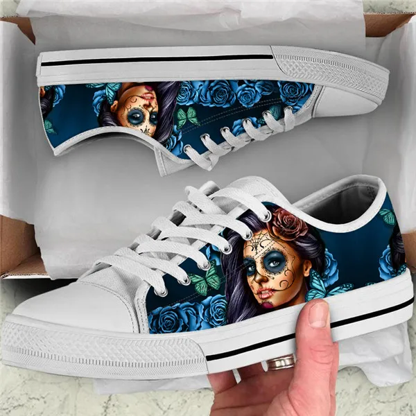 

Blue Flowers Skull Day of the Dead Gothic Girls Casual Sneakers Flats Shoes Canvas Custom Print Canvas Women's Lace Up Shoes, Black,white