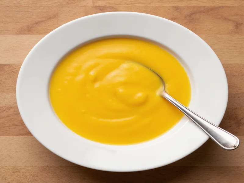 Smooth golden cheese sauce in white bowl with spoon