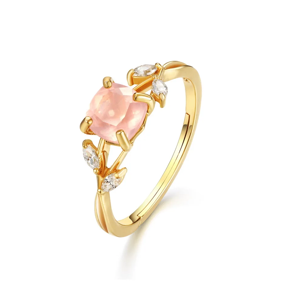 

Dainty natural gemstone gold jewelry leaf 925 Sterling silver pink rose quartz ring