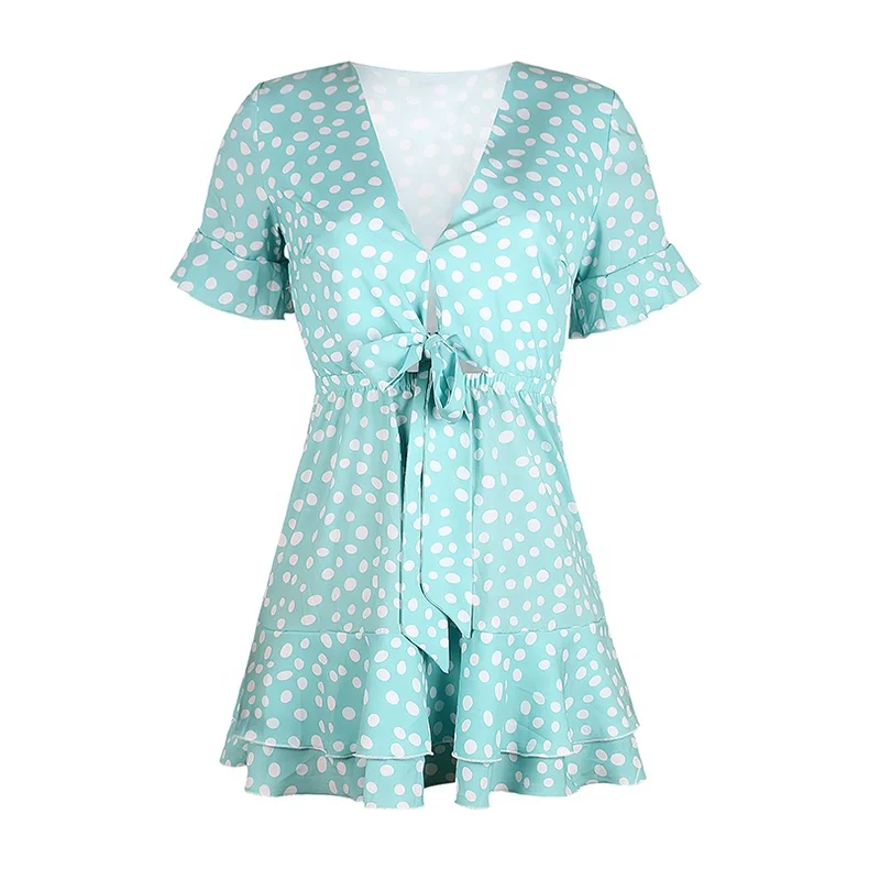 

2021 Polka Dot Print Sexy V-Neck Short Sleeves Print Dress Women Summer Dress