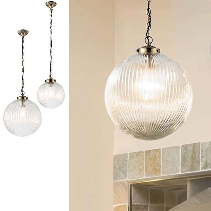Blown Round Clear Glass Ribbed Globe Lamp Shade Pendant Lighting Cover