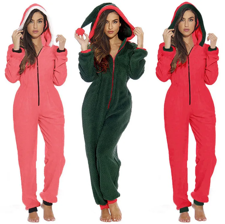 

Y-3174 2020 Europe And America Autumn And Winter Christmas Clown Long Hat Home Wear Long Sleeve Plush Zipper Jumpsuit Women, Customized color