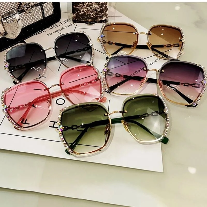 

Latest Product Luxury Vintage Polarized Sunglasses, Women Rhinestone Rimless Sun Glasses Square Gradient Eyeglasses, As pic shows