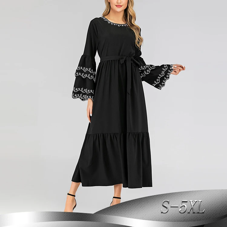 

Fashion Turkish Latest Bell Sleeve Casual Embriodery Maxi Black Muslim Women Dresses Dubai Abaya, 1 color in stock accepted customzied design
