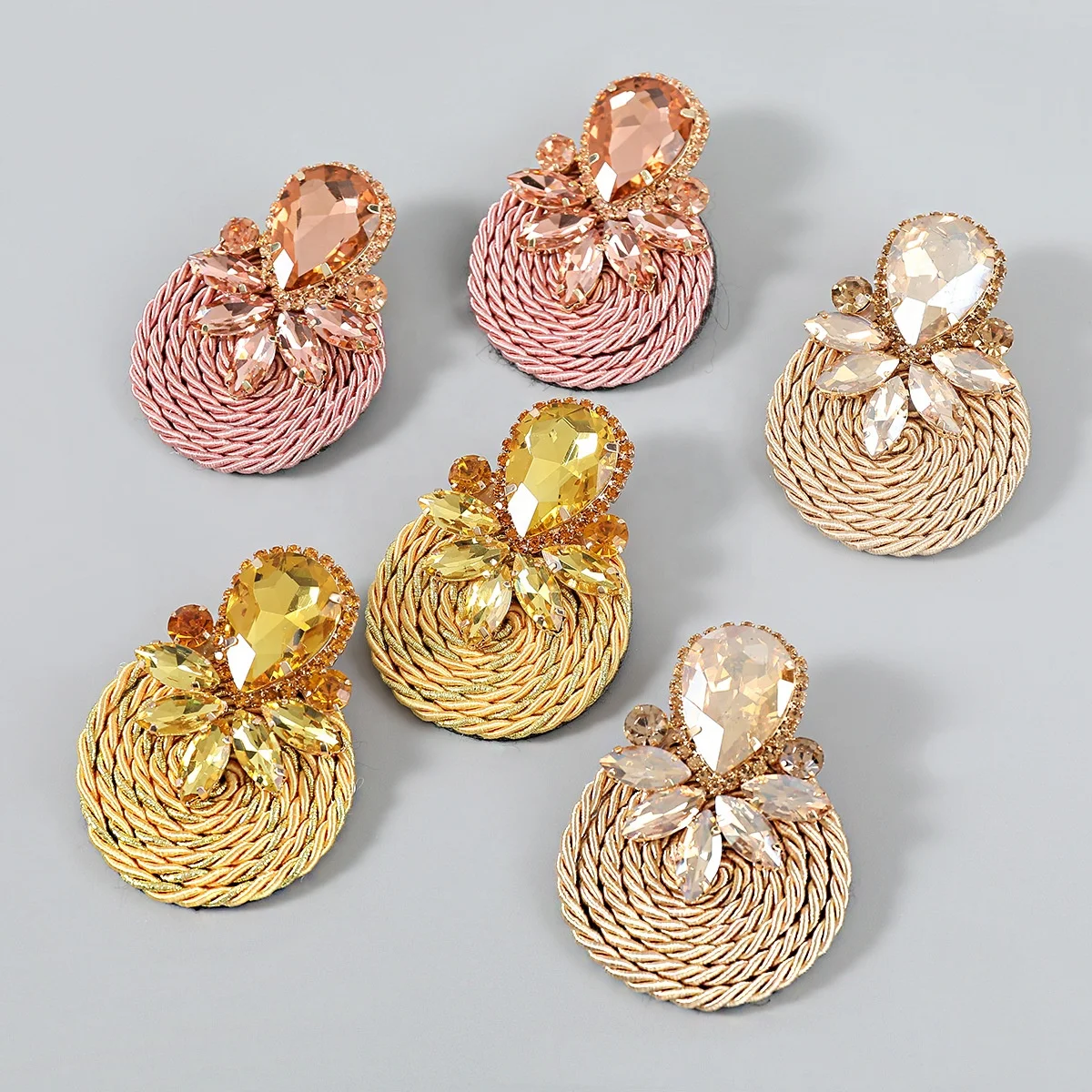 

Kaimei 25 colors bohemian fashion custom jewelry alloy earring oval glass diamond polyester elastic thread woven round earrings, Many colors fyi