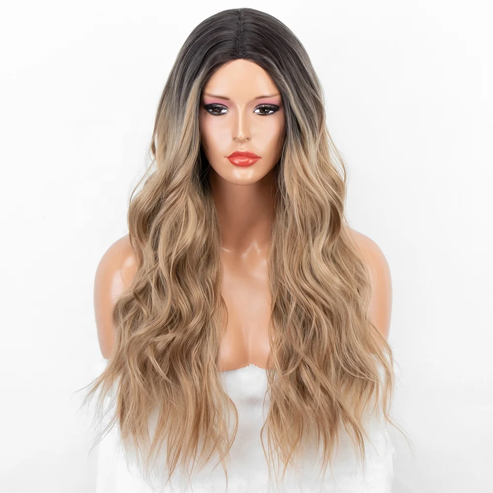 

Aliblisswig Natural Looking Dark Root Ombre Brown Long Wavy Middle Part Heat Resistant Fiber Hair None Lace Synthetic Wigs