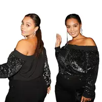 

91107-MX98 plus size women clothing black sequined tops sehe fashion