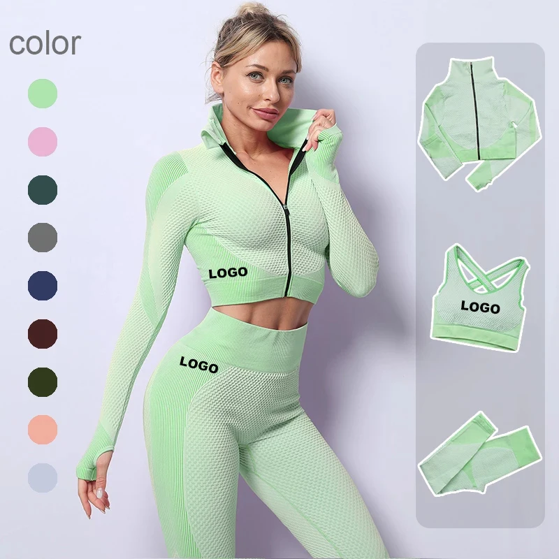 

2021 Activewear Women 3 Piece Front Zip Jacket + Bra Top + Workout Seamless Yoga Gym Outfit Set For Women, As shown