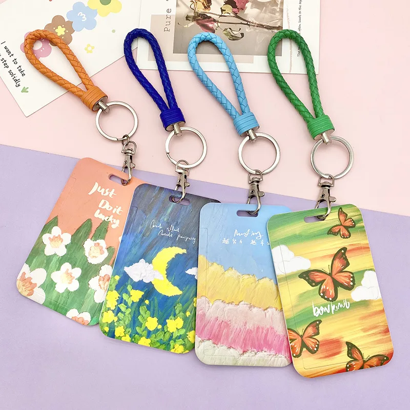 

Painting Design Vertical Sliding ID Badge Card Holder with Neck Strap Lanyard Wrist keychain Bus card Holder