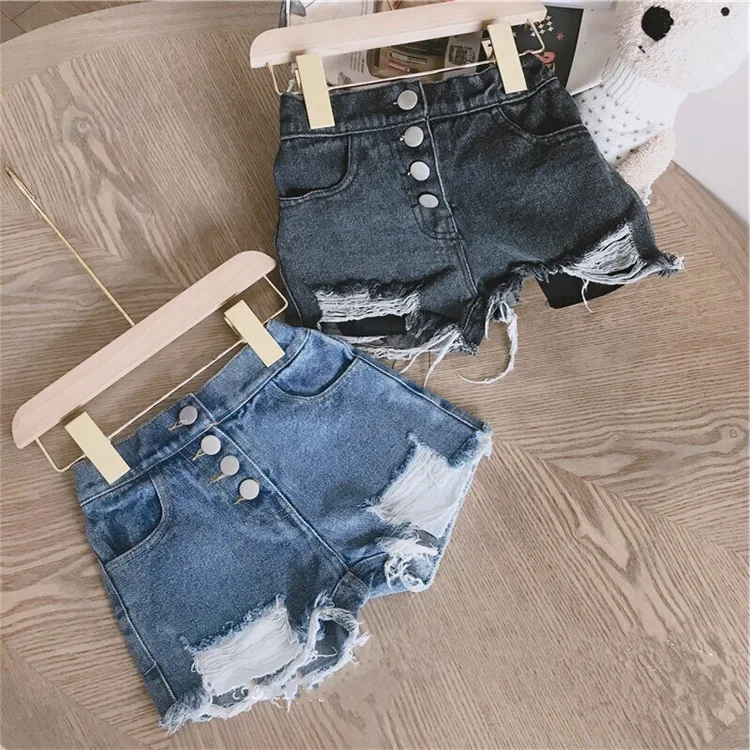 

Girl Jeans Shorts Fashion New Baby Girl Button Design Denim Shorts Kids Casual Broken Hole Pants Girls Stretch Ripped Jeans, As picture