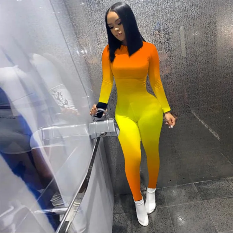 

Gradient color printing O-neck long-sleeved sports fashion bodysuit sexy party overalls jumpsuit
