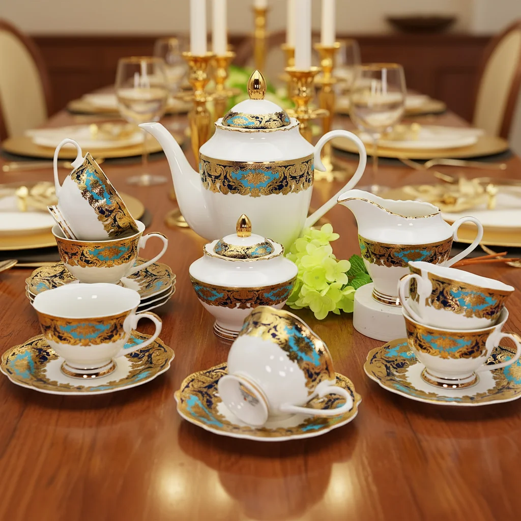 17 pcs Hot Wholesale Selling Luxury Gold Collections Flower Shape Bone China Porcelain Coffee Tea Cup Set for Cafe Afternoon Tea