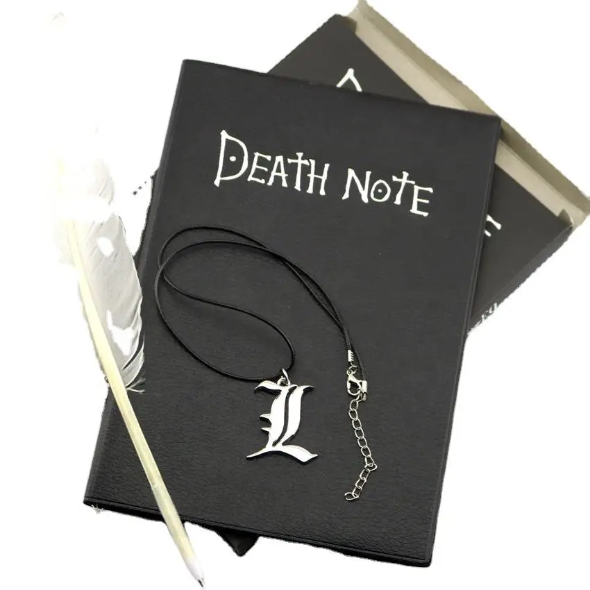 

Ready To Ship Anime Death Note Notebook Set Leather Journal and Necklace Feather Pen Animation Art Writing Journal