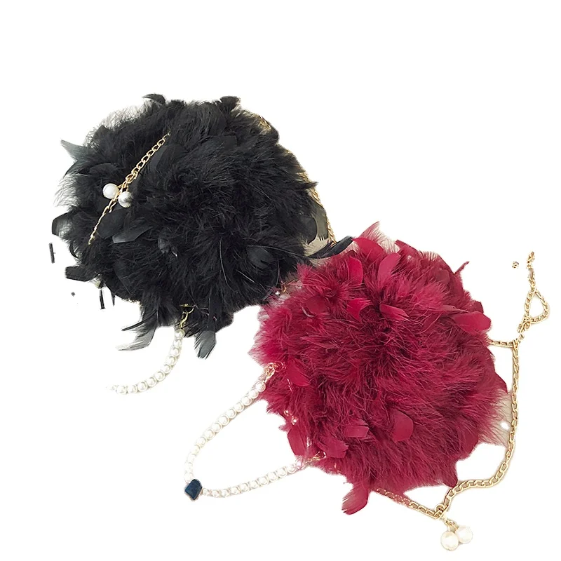 

Factory new turkey feather diagonal female bag ostrich hair clip buckle pearl chain fur shoulder bag