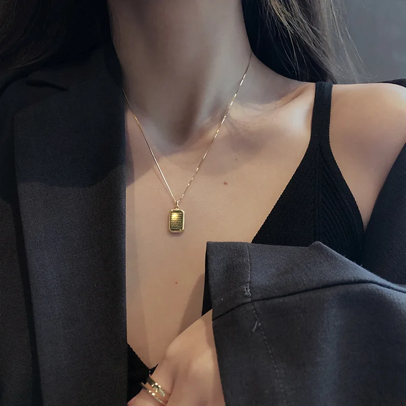 

S925 Silver Sweater Chain Necklace 18k Real Gold plated Square Card Pendant 925 Sterling Silver Necklace