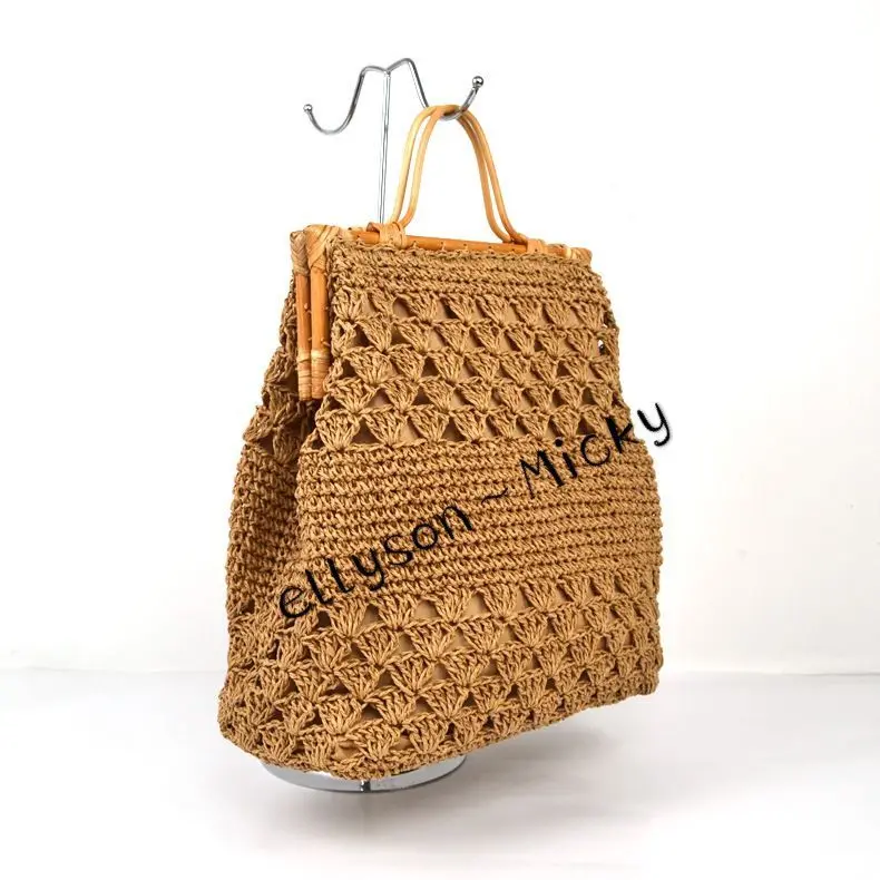 

Women's hand-held paper rope bag hand-woven hollow bag solid color women's bag, Beige.brown