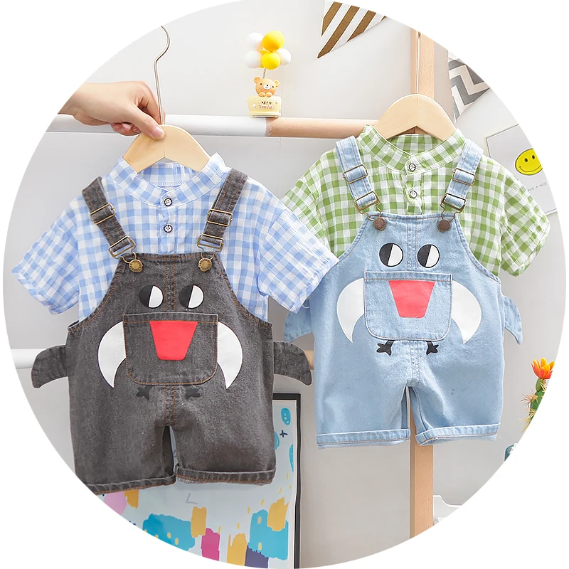 

Children's clothing wholesale boys round neck white short-sleeved T-shirt summer denim suspender shorts suit Amazon hot selling, Picture