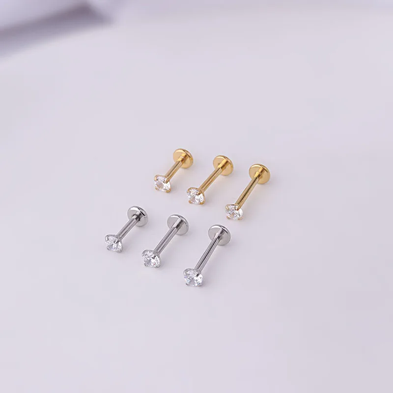 

2022 16G gold plated stainless steel lip piercing jewelry 3mm zircon labret piercing for women