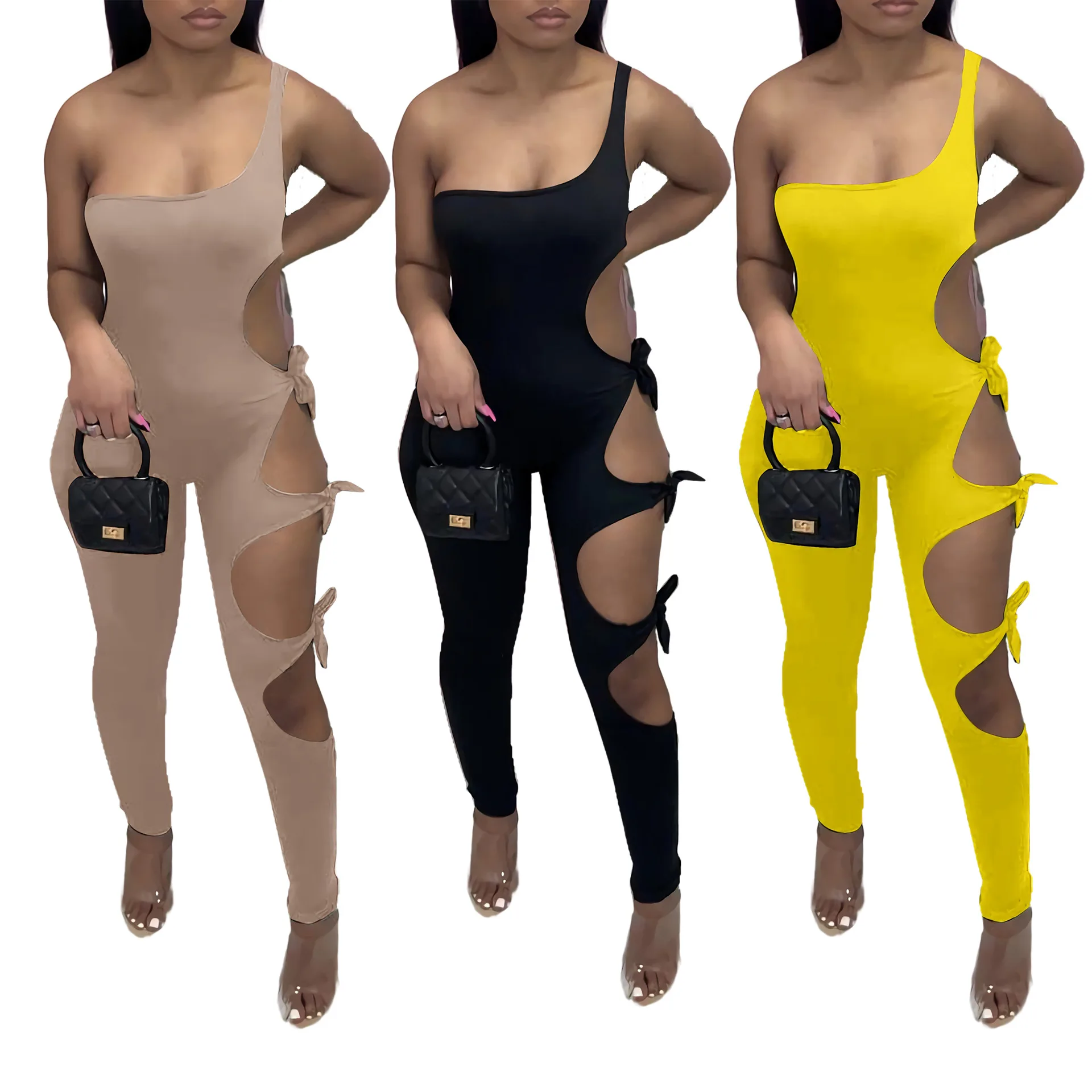 

One Shoulder Irregular Side Lace Up Hollow Out Pants Slim Nightclub Women Romper And Jumpsuit, Khaki, yellow, black