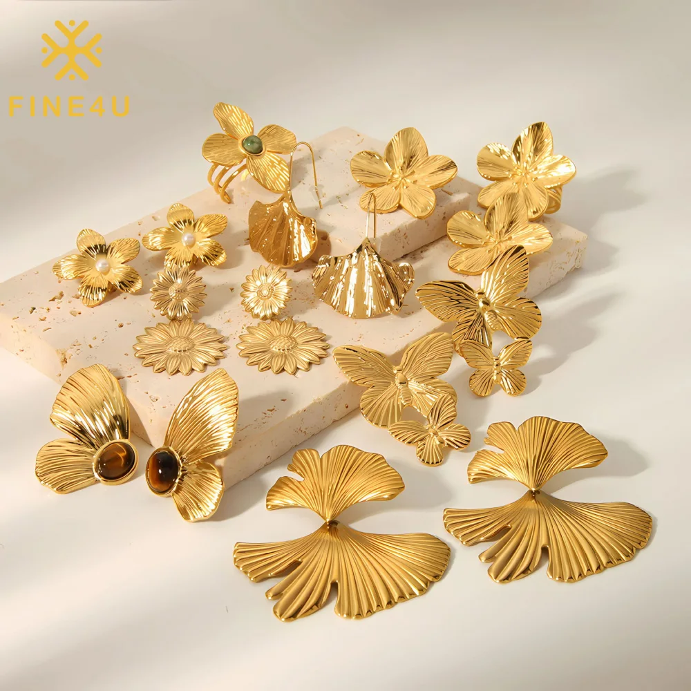 

New Chunky Vintage Women Fashion Oversized Large Gold Plated Butterfly Leaf Flower Floral Stud Earrings