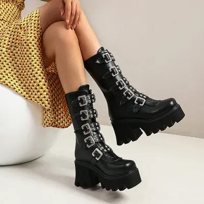 

Brand New Motorcycle Boots Women Platform Chunky High Heels Rivet Buckle Women'S Boots 2021 Fashion Punk Botas De Mujer, Black
