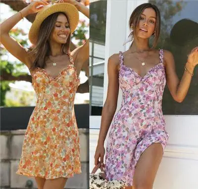 

2021 new design summer women flower dress sling v neck smocked floral dress women chiffon sexy mini boho floral dress