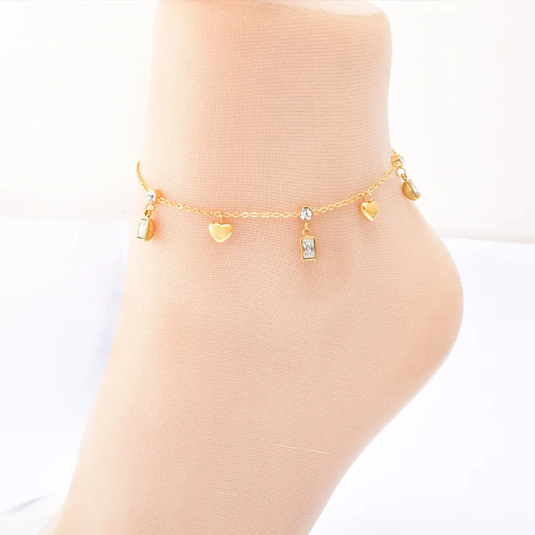 

In Stocks! 2023 Summer Beach Jewelry Anklet 18k Gold Plated Stainless Steel Heart Zircon Charm Anklets For Women