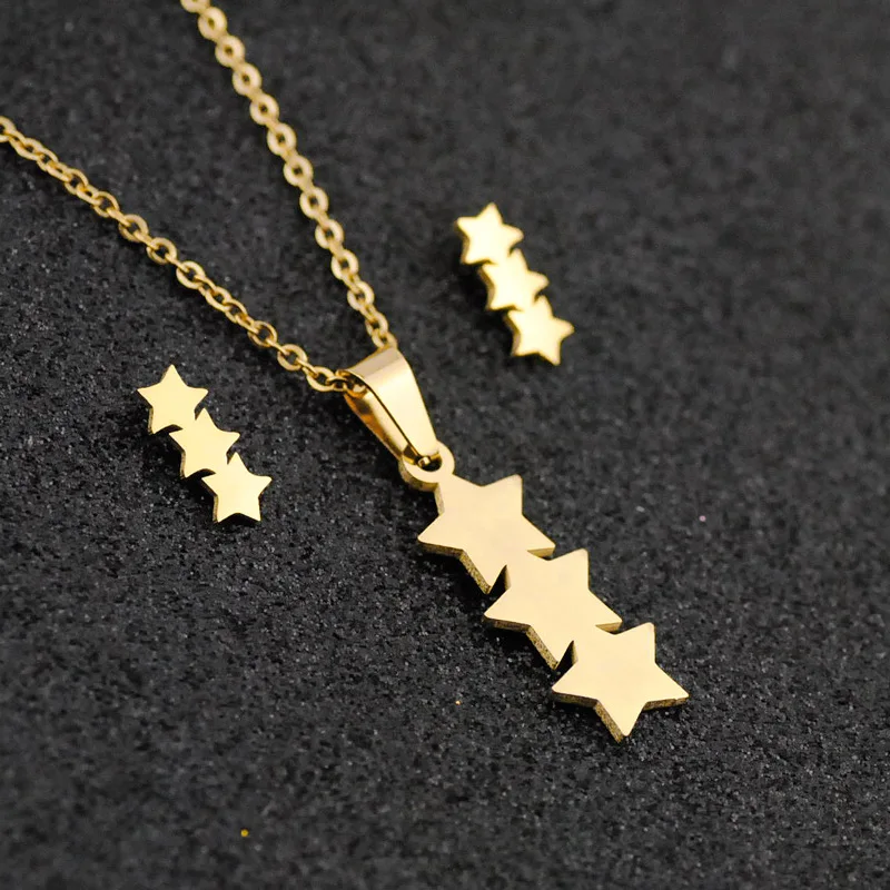 

Fashion Design Stainless Steel Row Star Pendant Necklace Earring Set Gold Plated Five-Point Star Necklace For Women, Picture