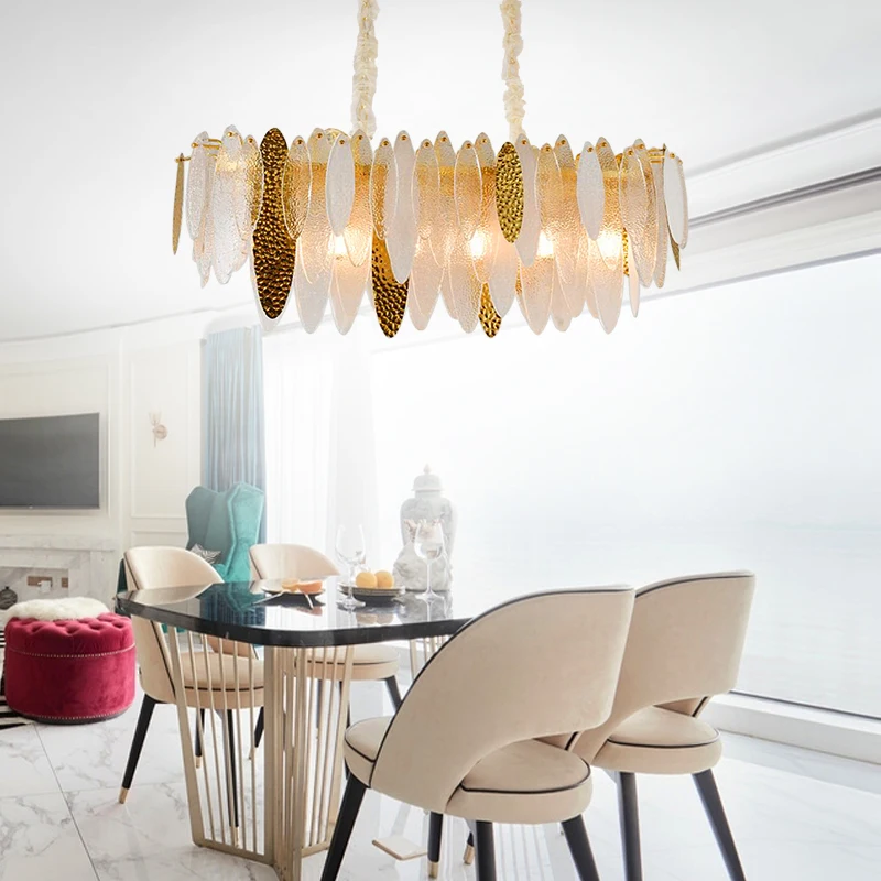 Contemporary Luxury Lustre Chandelier Gold Glass Rectangular Dining Room Kitchen Pendant Lights