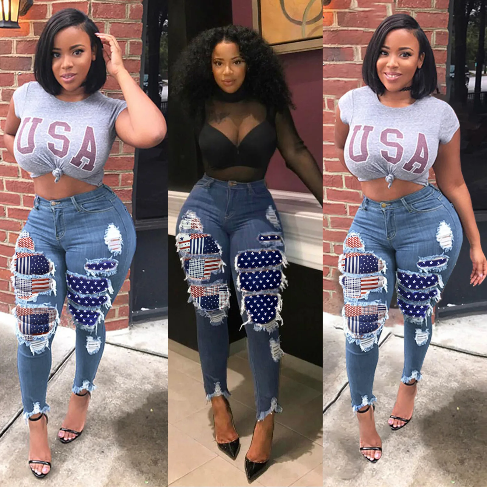 

custom patchwork Distressed Denim trousers high waist blue skinny ripped jeans pant for women