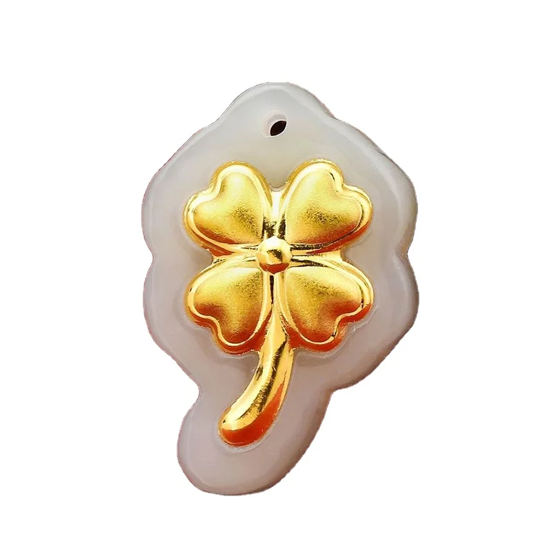 

Hetian Jade 4D Pure Gold Pendant Gold Inlaid Jade Four-Leaf Clover Necklace Fashion White Chalcedony Pendant Gift Female