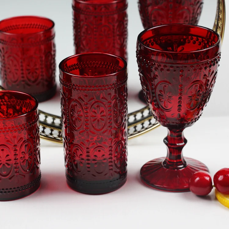 

Wholesale hot sale red colored vintage style wine glasses use to party Red glass cup glass wine