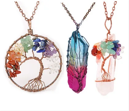 

3Pcs/Set Natural Crushed Stone Necklace Three-piece Set Hexagonal Column Crystal Tree Of Life Jewelry Pendant Necklace, Natural color