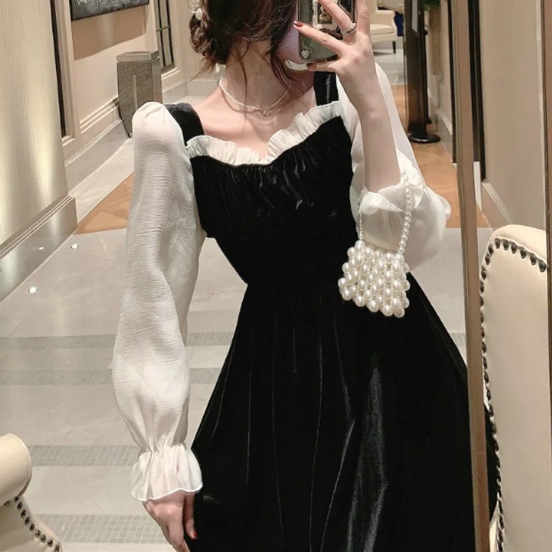 

D Black Vintage Dress Women Square Collar Long Sleeve Evening Party Retro Gothic Dress Female One Piece Dress Korean 2020 Autumn