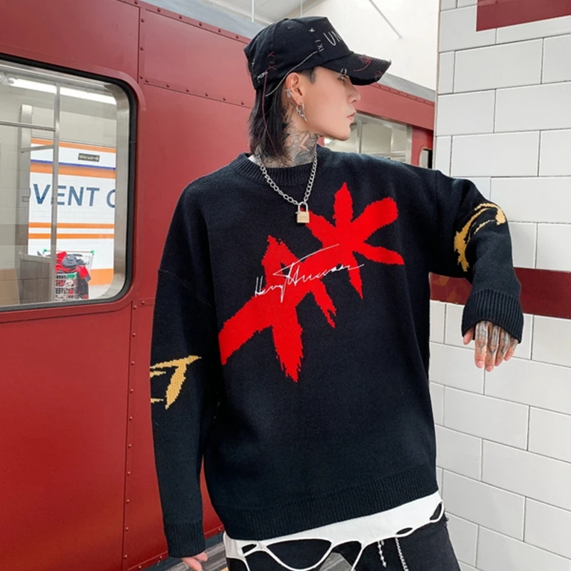 

High Street Fashion New Oversized Sweater Shark Pattern Men Cheap Sweater Mens Oversized Sweater, As picture show