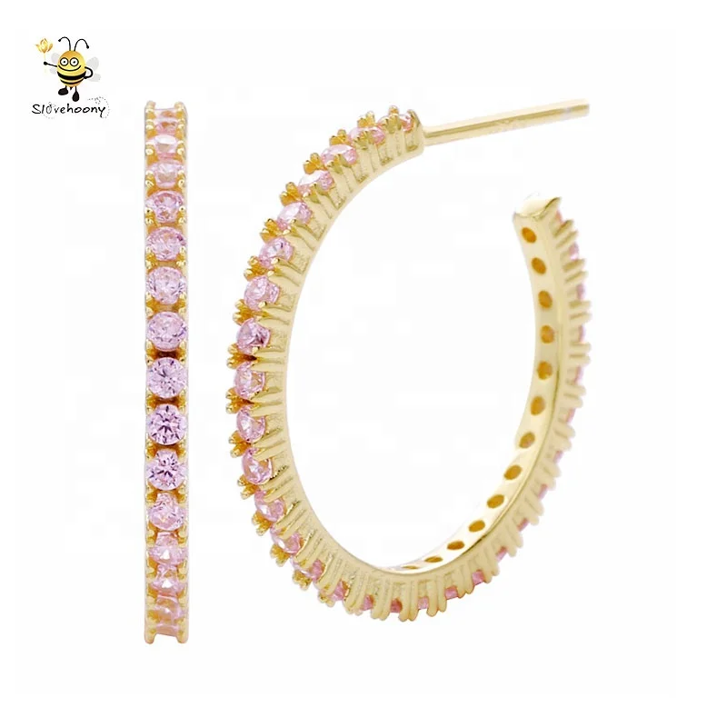 

Slovehoony 925 Solid Sterling Silver 23MM Round Big Stud Earing with Pink Stone CC Big Stud Earring Women, Silver/18ct gold plated