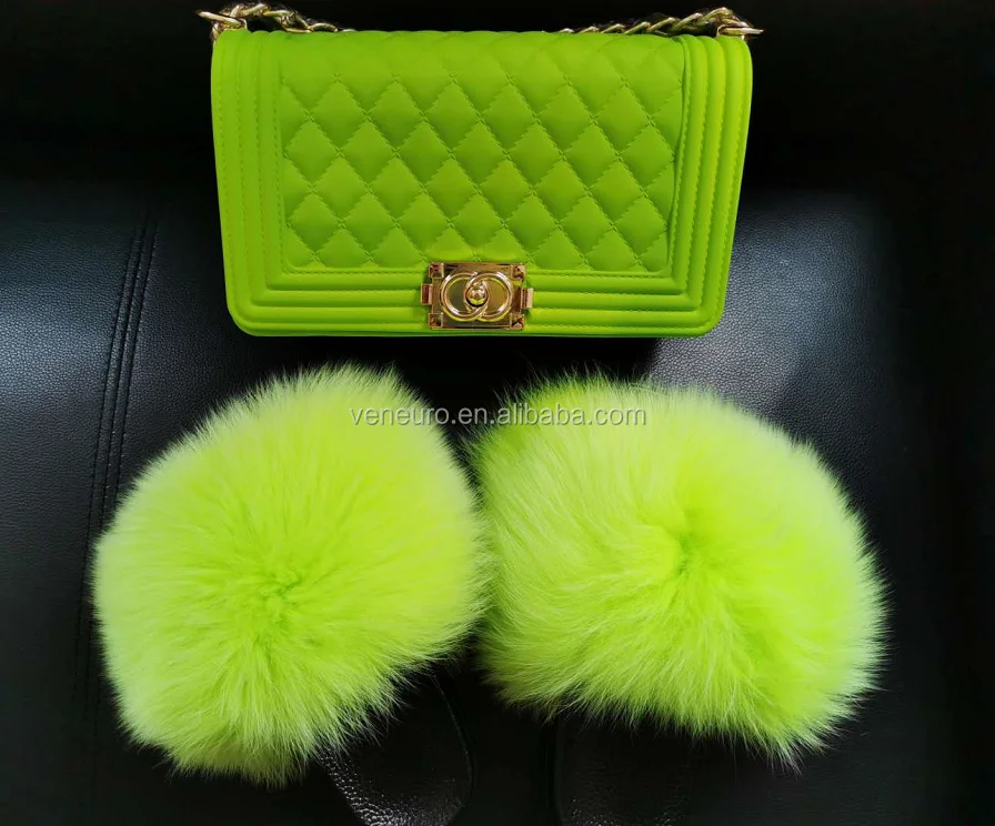 

2020 wholesale women and kids Rainbow color Solid color two piece set jelly purses with matching real fox fur slides, Customized color