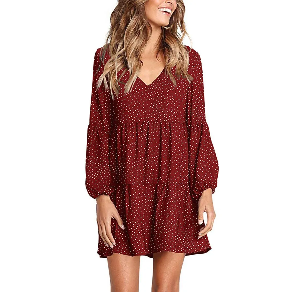 

2021 Amazon V-neck long-sleeved polka dot ruffled loose casual dress women
