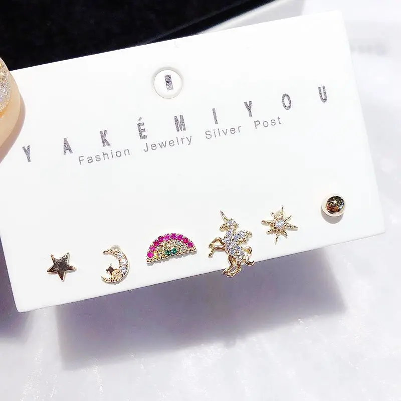 

20100703 Korean earrings Zirconia unicorn stud earrings sets 18k gold plated crystal jewelry set for women