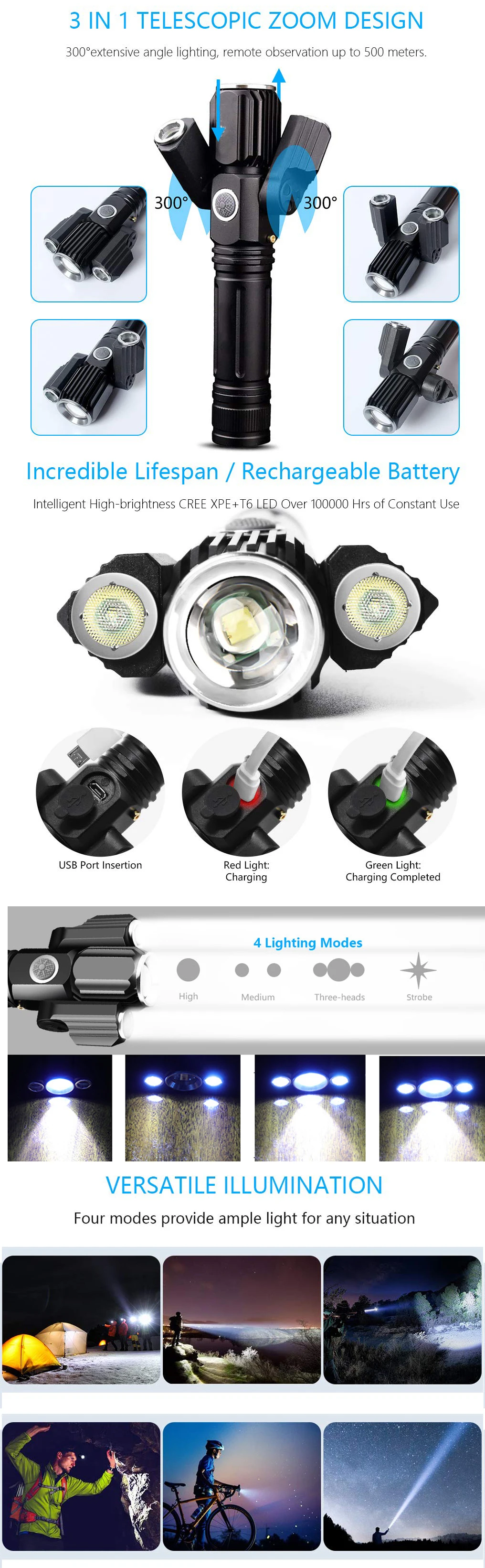 Indoor Outdoor 18650 Battery 1000 lumens Three-Head USB Charger T6+XPE LED Flashlights & Torches with Adjustable Side Light