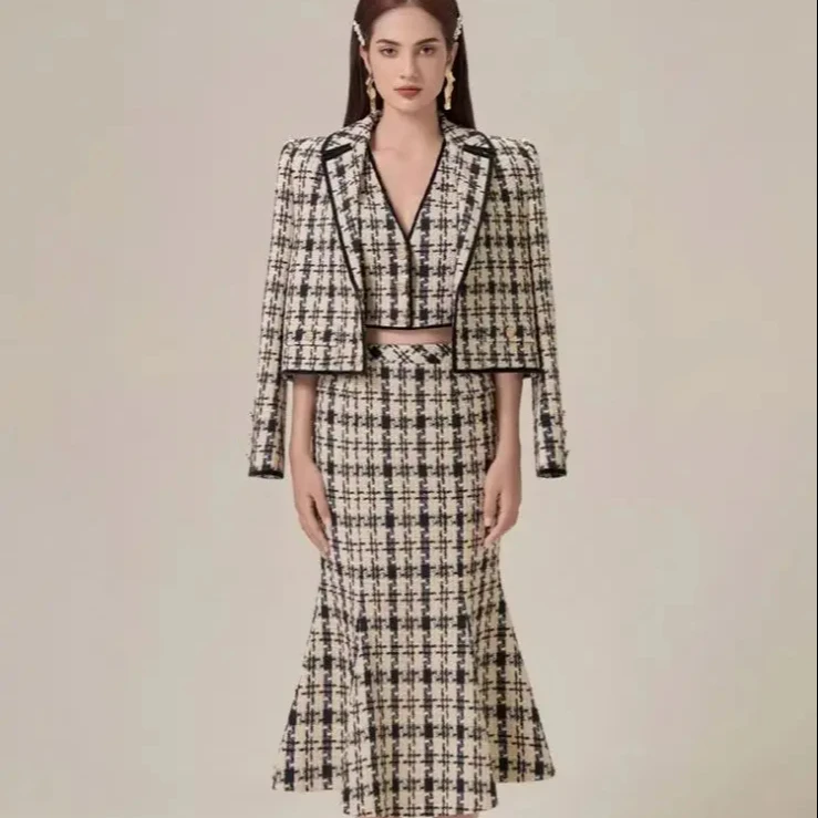 

Bettergirl In stock retro houndstooth suit dress Vietnam designer vest fishtail skirt coat three-piece suit