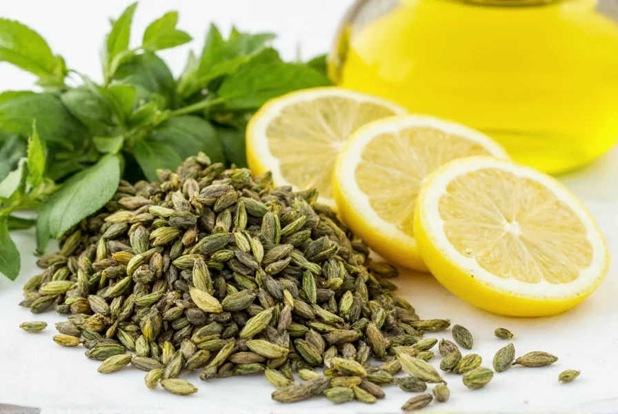 Close-up of dried Greek oregano leaves next to fresh lemon slices and olive oil