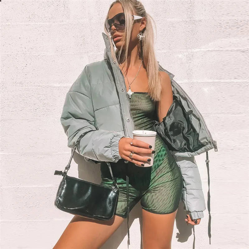 

2020 Streetwear Cotton Padded Drawstring Reflective Winter Puffer Jacket Women, 1colors in stock