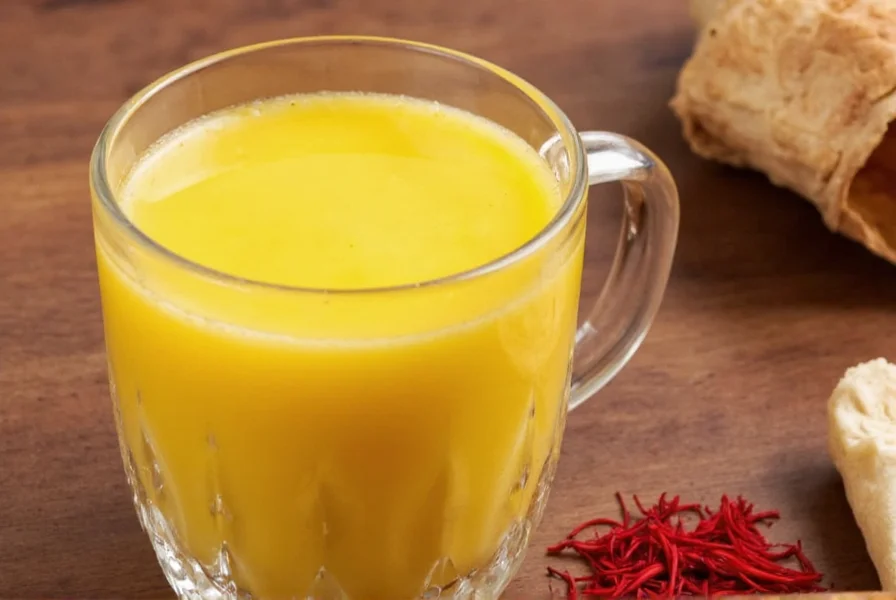 Traditional saffron milk preparation showing golden-colored milk in a ceramic bowl with saffron threads